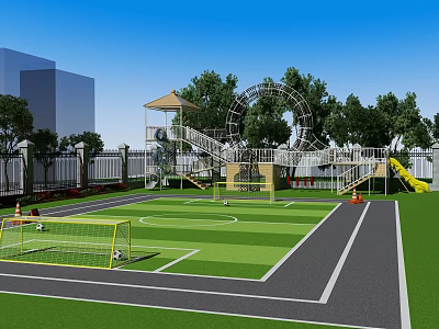 Outdoor Football Field With Green Turf Soccer Goals Slide Trees Fence And Running Track 3d model