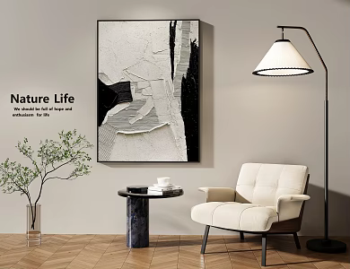 Modern Abstract Hanging Painting Texture Art Painting Black and White Art Painting Leisure Sofa Coffee Table Floor Lamp Wood Floor 3d model
