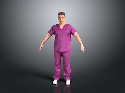 Man in Purple Scrubs Standing on Gray Background with Arms at Sides 3d model