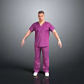 Man in Purple Scrubs Standing on Gray Background with Arms at Sides