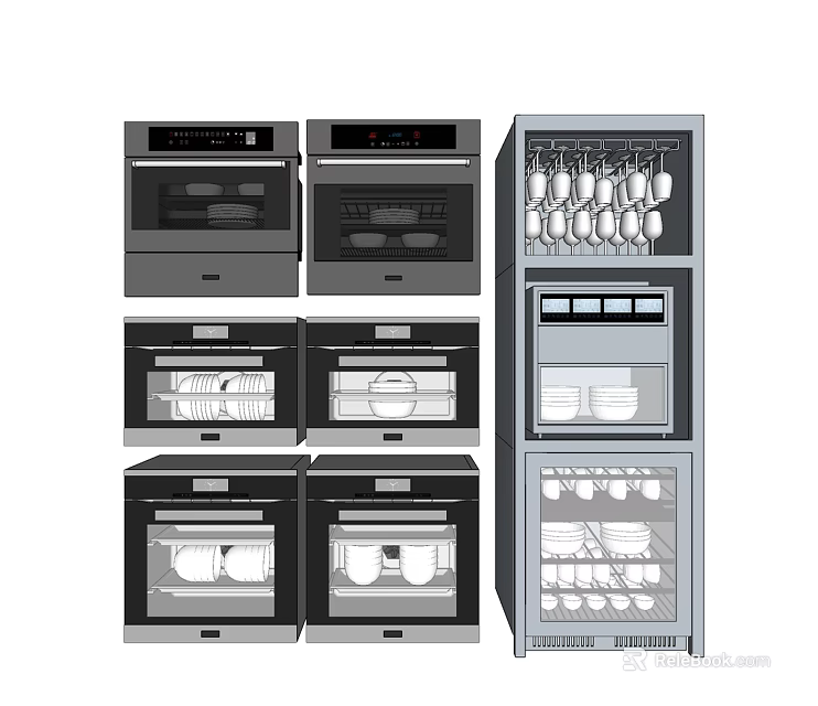 Modern Stainless Steel Kitchen Appliances with Multiple Ovens and Dish Sterilizer 3d model 