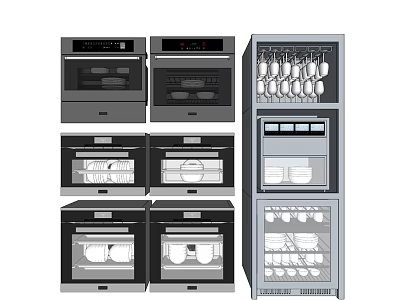 Modern Stainless Steel Kitchen Appliances with Multiple Ovens and Dish Sterilizer 3d model