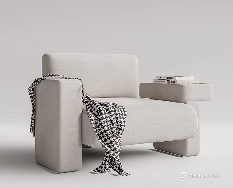 Light Gray Single Sofa With Black White Checkered Blanket And Side Table With Books 3d model