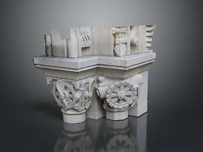 Intricate White Stone Architectural Carving With Symmetrical Gear Like Ornaments And Textures 3d model