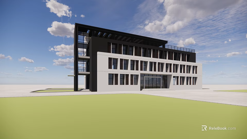 Modern Multi Storey Office Building Black White Exterior Large Windows Green Lawn Front Blue Sky 3d model 