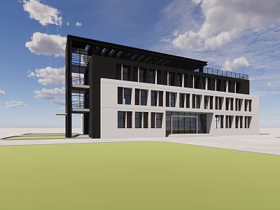 Modern Multi Storey Office Building Black White Exterior Large Windows Green Lawn Front Blue Sky 3d model