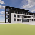 Modern Multi Storey Office Building Black White Exterior Large Windows Green Lawn Front Blue Sky