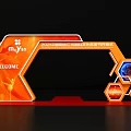 Modern Event Gateway Featuring Muyan Logo Orange Decor Welcome Sign And Hexagonal Elements 3d model