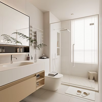 Modern Bathroom Interior Featuring Vanity Mirror Fern Plants Shower Area And Blinds 3d model