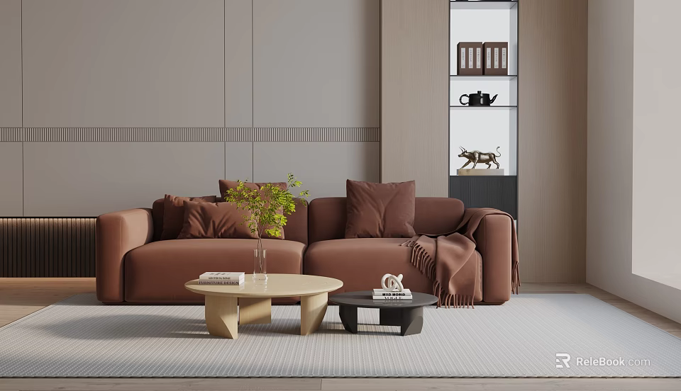 Modern Minimalist Brown Three Seater Sofa with Pillows Throw Blanket and Wooden Coffee Table 3d model 