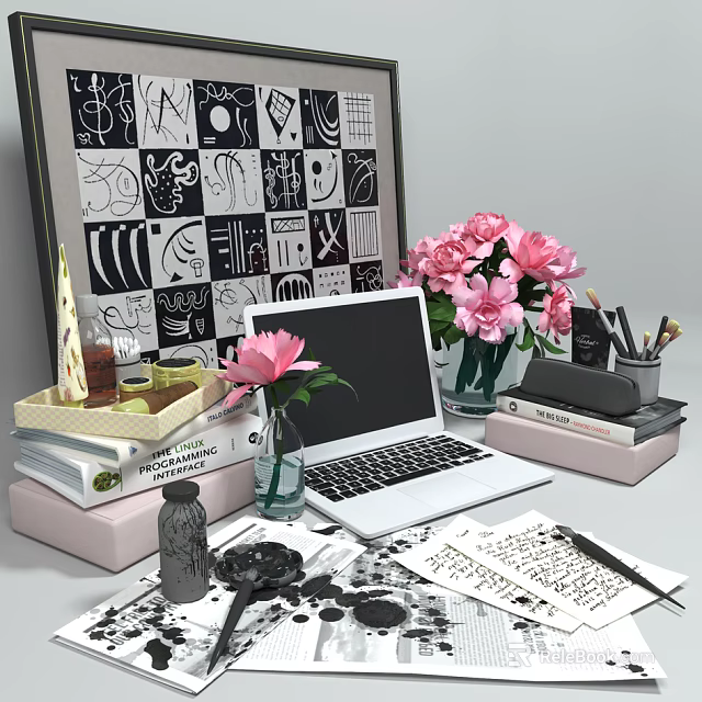 Modern Open Laptop Workspace With Pink Flower Vase Stationery Books And Decorative Items 3d model 