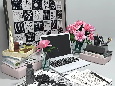Modern Open Laptop Workspace With Pink Flower Vase Stationery Books And Decorative Items 3d model
