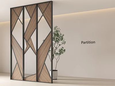 Modern Geometric Partition With Wooden Panels And Metal Frame And Green Plant In Minimalist Interior 3d model