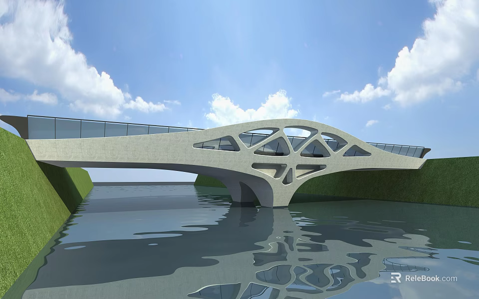 Modern Geometric Bridge Design With Water Reflection And Green Grass Under Blue Sky 3d model 