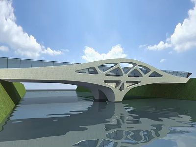 Modern Geometric Bridge Design With Water Reflection And Green Grass Under Blue Sky 3d model