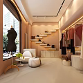 Elegant Clothing Store Display Area With Staircase Mannequin Floor-to-Ceiling Window Sofa Clothing Racks And Shoes