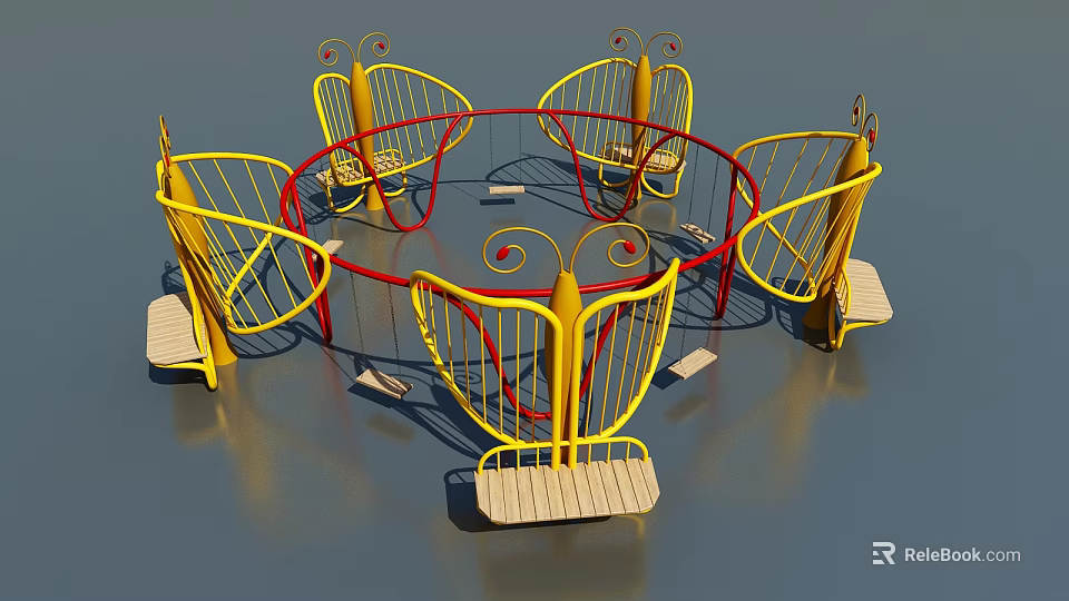 Butterfly Shaped Rotating Play Seats With Yellow Red Frames And Wooden Platforms In Garden Landscape 3d model 
