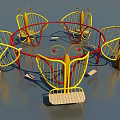 Butterfly Shaped Rotating Play Seats With Yellow Red Frames And Wooden Platforms In Garden Landscape