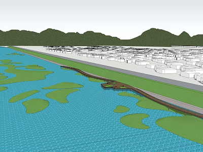 Waterside Landscape Design With Blue Water Green Patches Walking Path And Distant Mountains 3d model