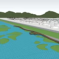 Waterside Landscape Design With Blue Water Green Patches Walking Path And Distant Mountains