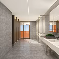 Modern Other Restroom Interior With Wooden Lattice Partition Green Plants And Vanity Cabinet
