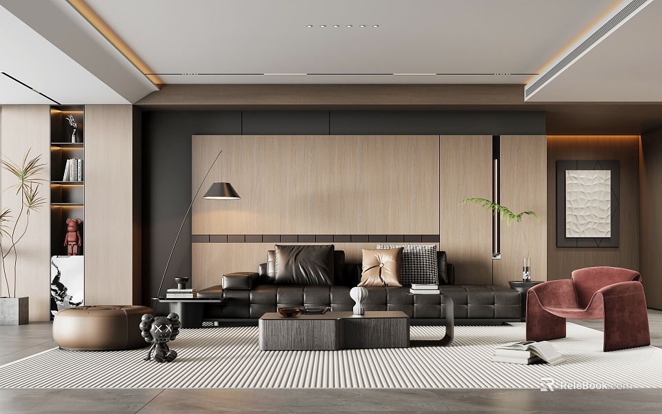 Modern Living Room Interior With Black Sofa Wooden Accent Wall And Red Accent Chair 3d model 