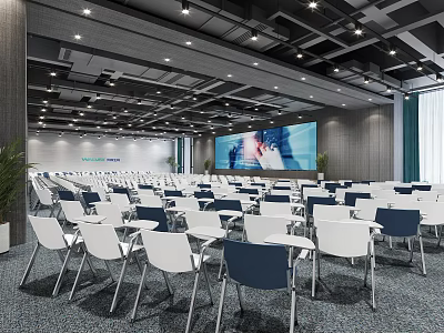 Modern Conference Room With Large Projection Screen White Blue Chairs Neat Arrangement And Bright Lighting 3d model