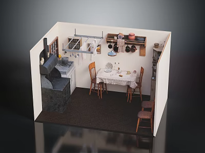 Cartoon Kitchen Scene Miniature Model With Dining Table Chairs Cabinets Shelves Dishes And Sink 3d model