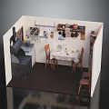 Cartoon Kitchen Scene Miniature Model With Dining Table Chairs Cabinets Shelves Dishes And Sink
