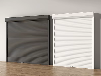 Black and White Roller Doors with Panel Design on Wooden Floor and White Wall 3d model