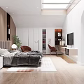 Modern Bedroom Interior With Wooden Wall Gray Bedding Nightstands Lamps Rug Red Armchair And Plant