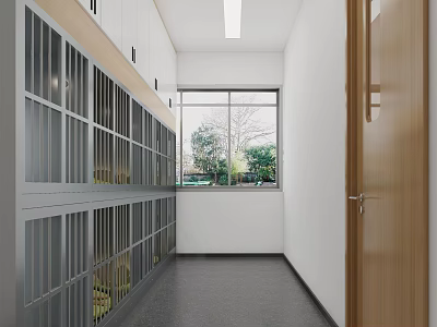 Modern Corridor Interior With Metal Lockers Large Window And Wooden Door 3d model