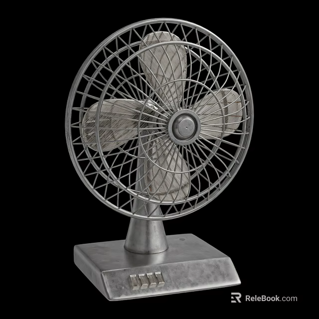 Vintage Metal Air Cooling Fan With White Blades And Square Base Control 3d model 