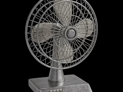 Vintage Metal Air Cooling Fan With White Blades And Square Base Control 3d model
