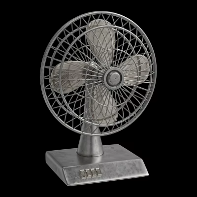 Vintage Metal Air Cooling Fan With White Blades And Square Base Control 3d model