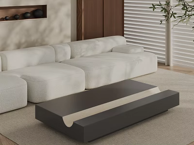 Minimalist Grey Coffee Table With Light Stripe Detail In Living Room With White Sofa And Carpet 3d model
