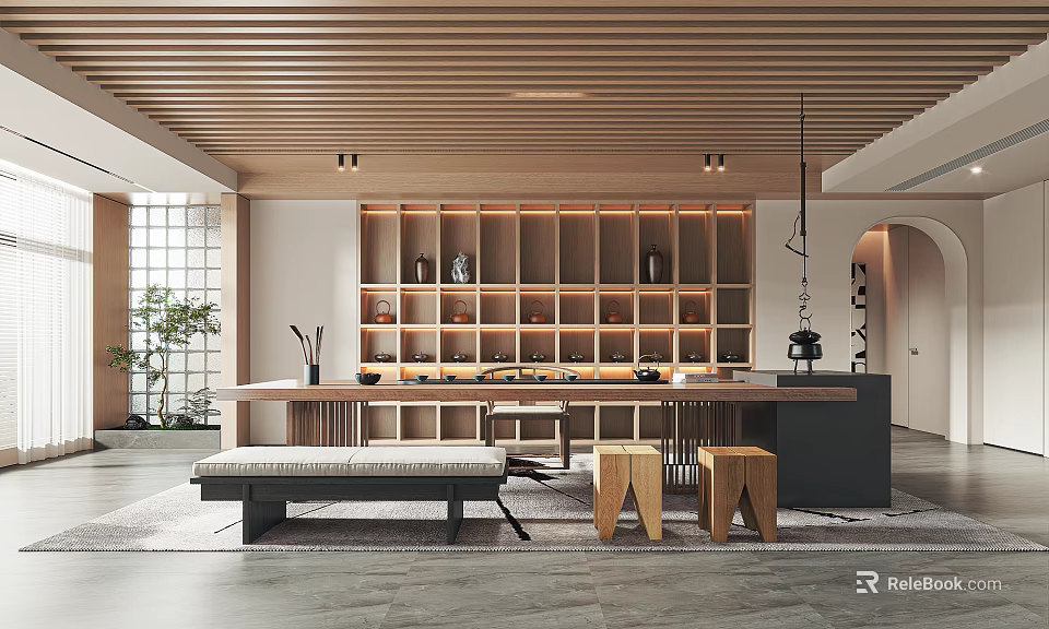 Cozy Tea Room Featuring Wooden Ceiling Shelves Tea Sets Long Table Bench And Stools 3d model 