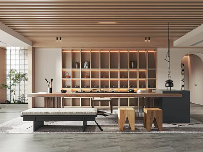 Cozy Tea Room Featuring Wooden Ceiling Shelves Tea Sets Long Table Bench And Stools 3d model