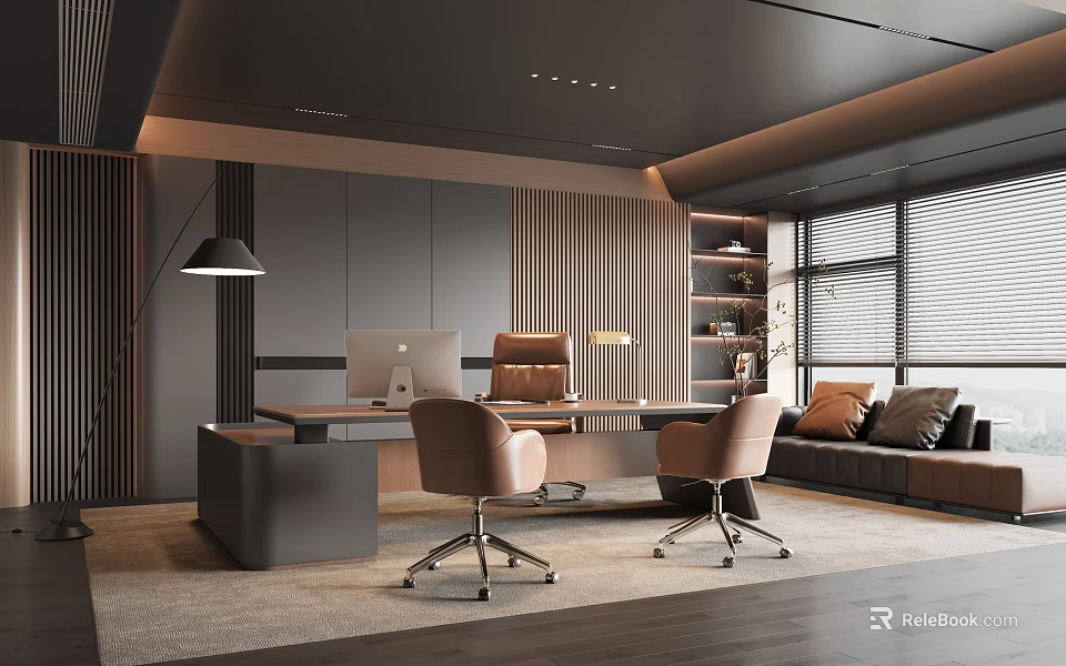 Modern Office Interior With Desk Two Pink Office Chairs Sofa Area And Bookshelf 3d model 