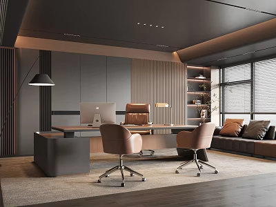 Modern Office Interior With Desk Two Pink Office Chairs Sofa Area And Bookshelf 3d model