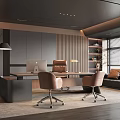 Modern Office Interior With Desk Two Pink Office Chairs Sofa Area And Bookshelf