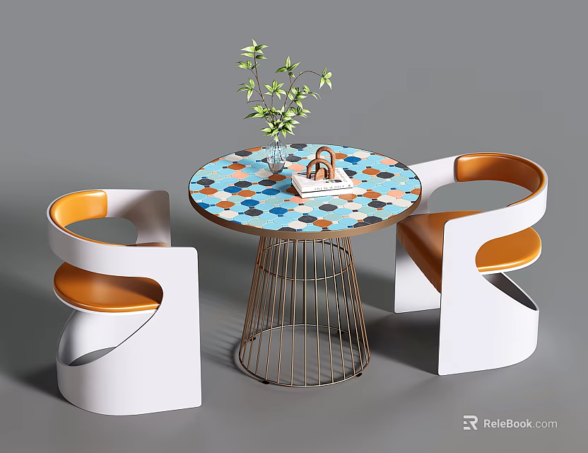 Modern Round Negotiation Table with Colorful Tabletop Metal Legs White Orange Chairs and Small Plant 3d model 