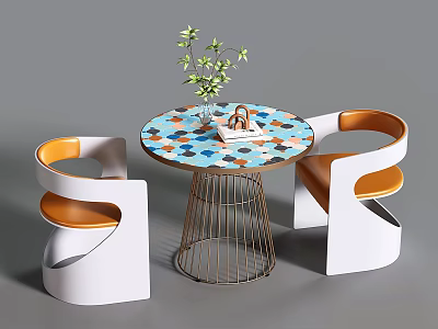 Modern Round Negotiation Table with Colorful Tabletop Metal Legs White Orange Chairs and Small Plant 3d model