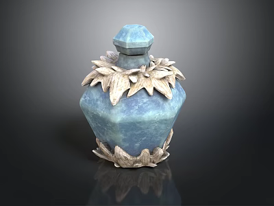 Elegant Blue Decorative Bottle With Silver Leaf Ornaments And Gemstone Lid 3d model