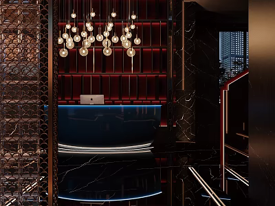 Modern Restaurant Interior With Hanging Chandeliers Red Walls Black Marble And Illuminated Accents 3d model