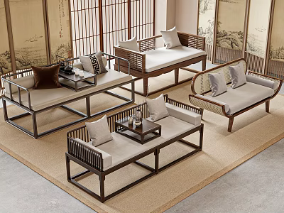 Traditional Chinese Daybed Furniture Set With Cushions Tea Tables Wooden Frames And Screen Panels 3d model