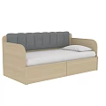 Single Bed with Light Wood Frame Grey Padded Headboard White Mattress and Storage Drawers