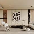 Minimalist Living Room Interior With Beige Sofa White Armchair Black Coffee Table And Abstract Painting