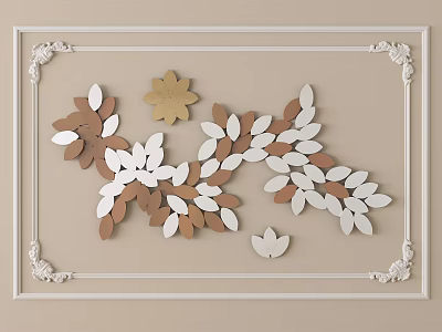 Decorative Wall Hanging With Brown White Leaves And Yellow Flower In Carved Frame 3d model