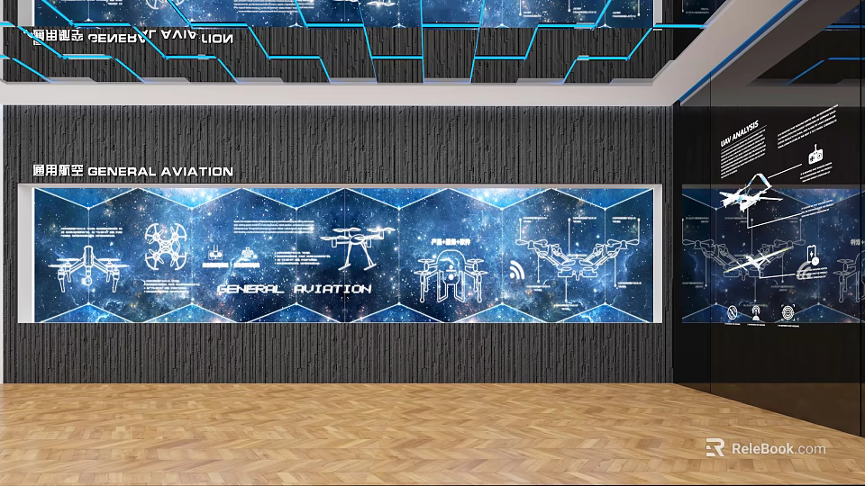 General Aviation Themed Wall Decor With Blue Technological Design And Airplane Schematics 3d model